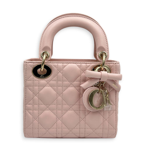 Lady Dior Top Handle Bag Mini Powder Pink in Lambskin, Gold hardware