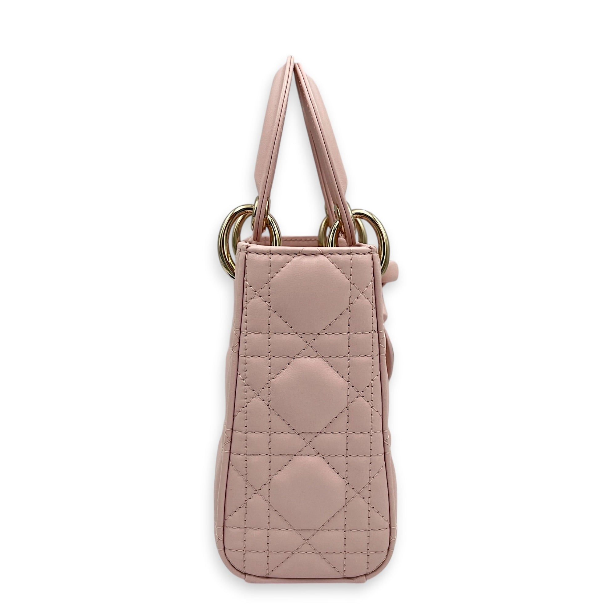 Lady Dior Top Handle Bag Mini Powder Pink in Lambskin, Gold hardware