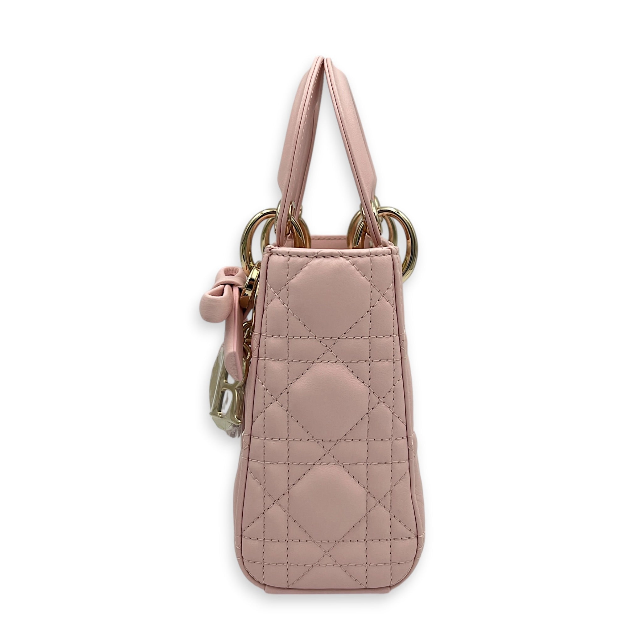 Lady Dior Top Handle Bag Mini Powder Pink in Lambskin, Gold hardware