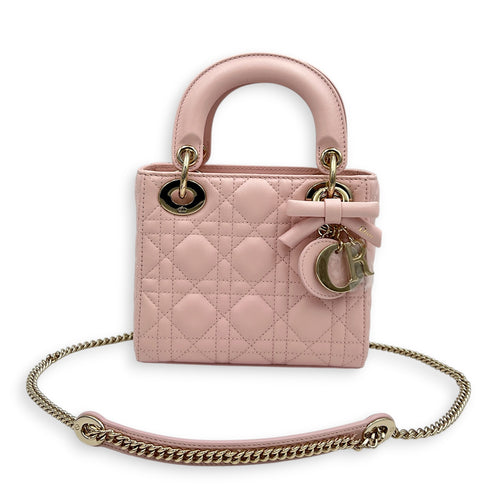 Lady Dior Top Handle Bag Mini Powder Pink in Lambskin, Gold hardware