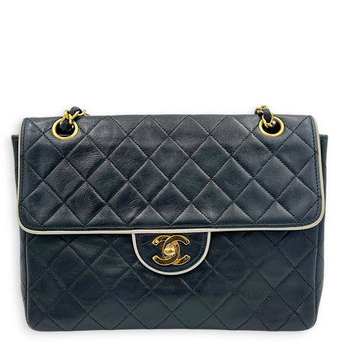 CC Flap White Piping Shoulder Bag Navy in Lambskin, Gold hardware