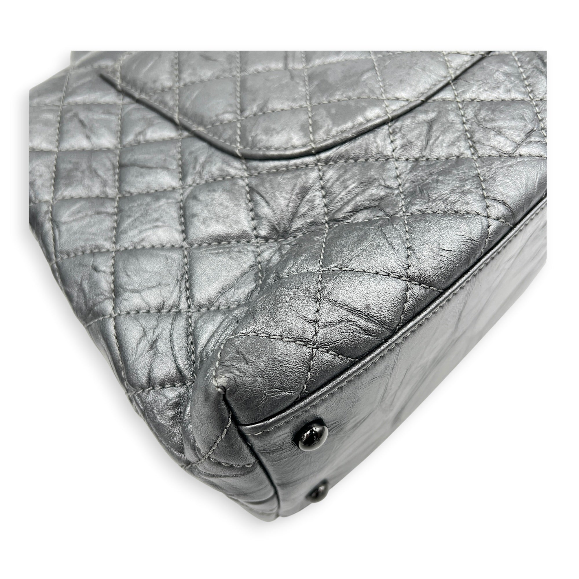 Coco Top Handle Bag Large Metallic Grey in Distressed Leather, Gunmetal hardware