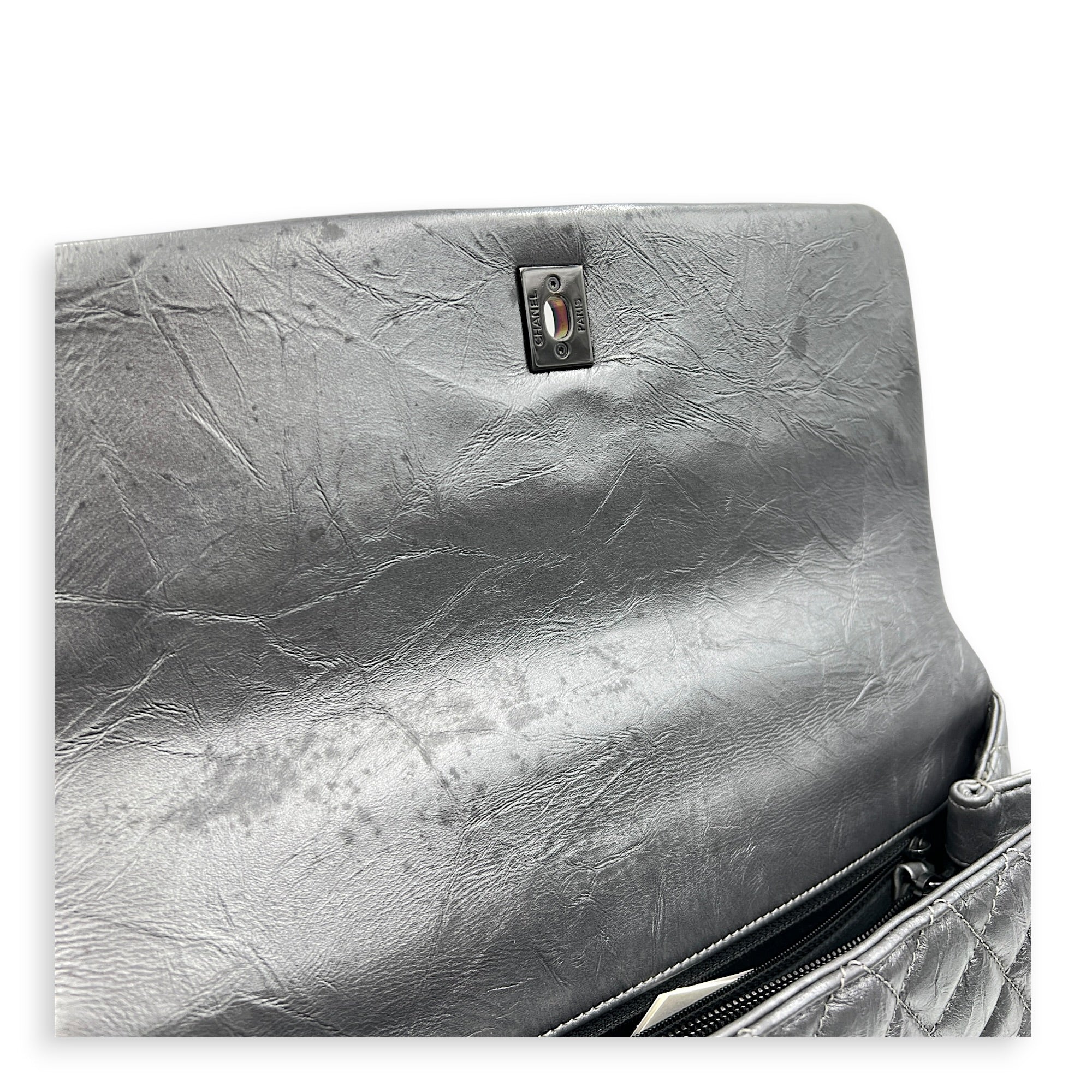 Coco Top Handle Bag Large Metallic Grey in Distressed Leather, Gunmetal hardware