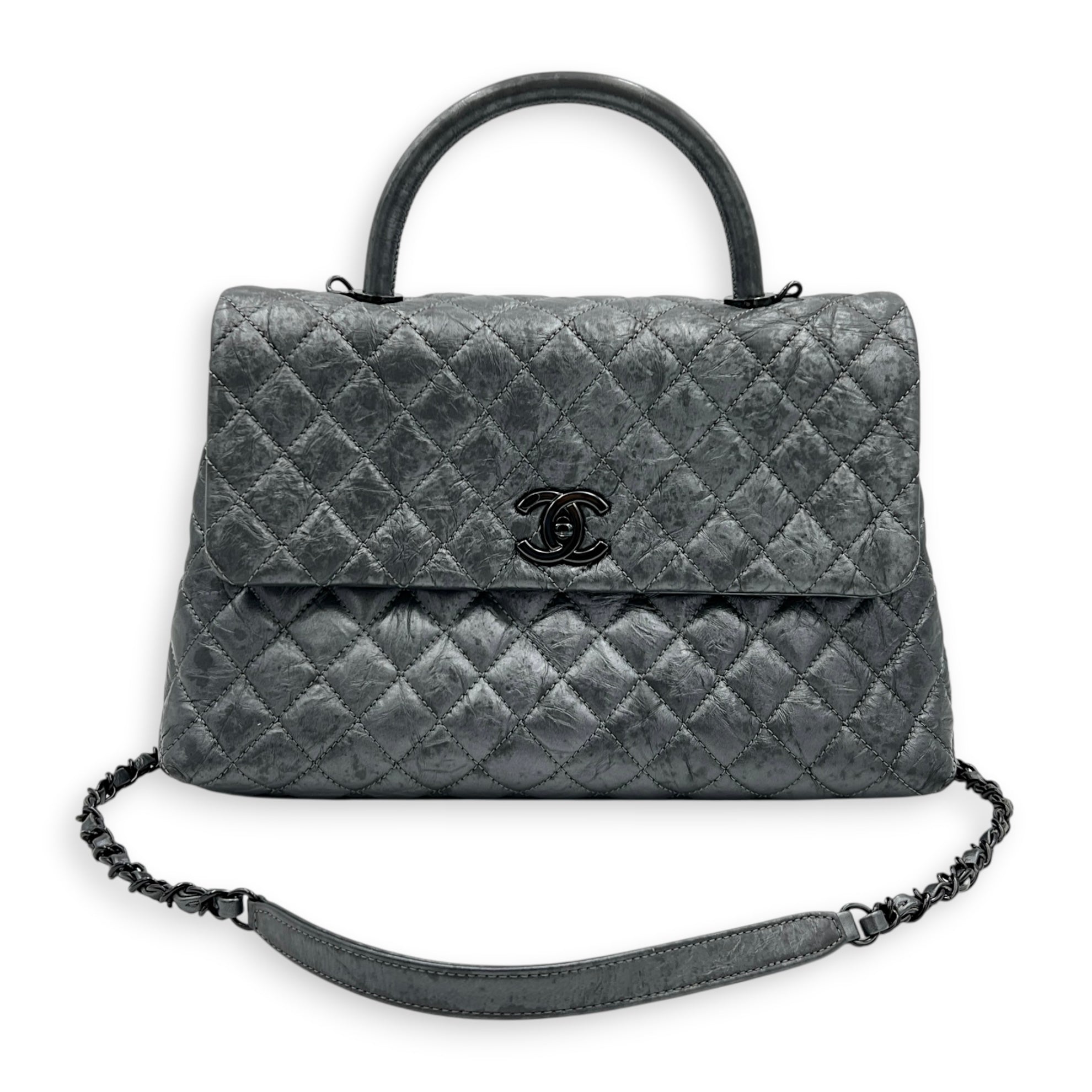 Coco Top Handle Bag Large Metallic Grey in Distressed Leather, Gunmetal hardware