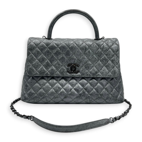 Coco Top Handle Bag Large Metallic Grey in Distressed Leather, Gunmetal hardware