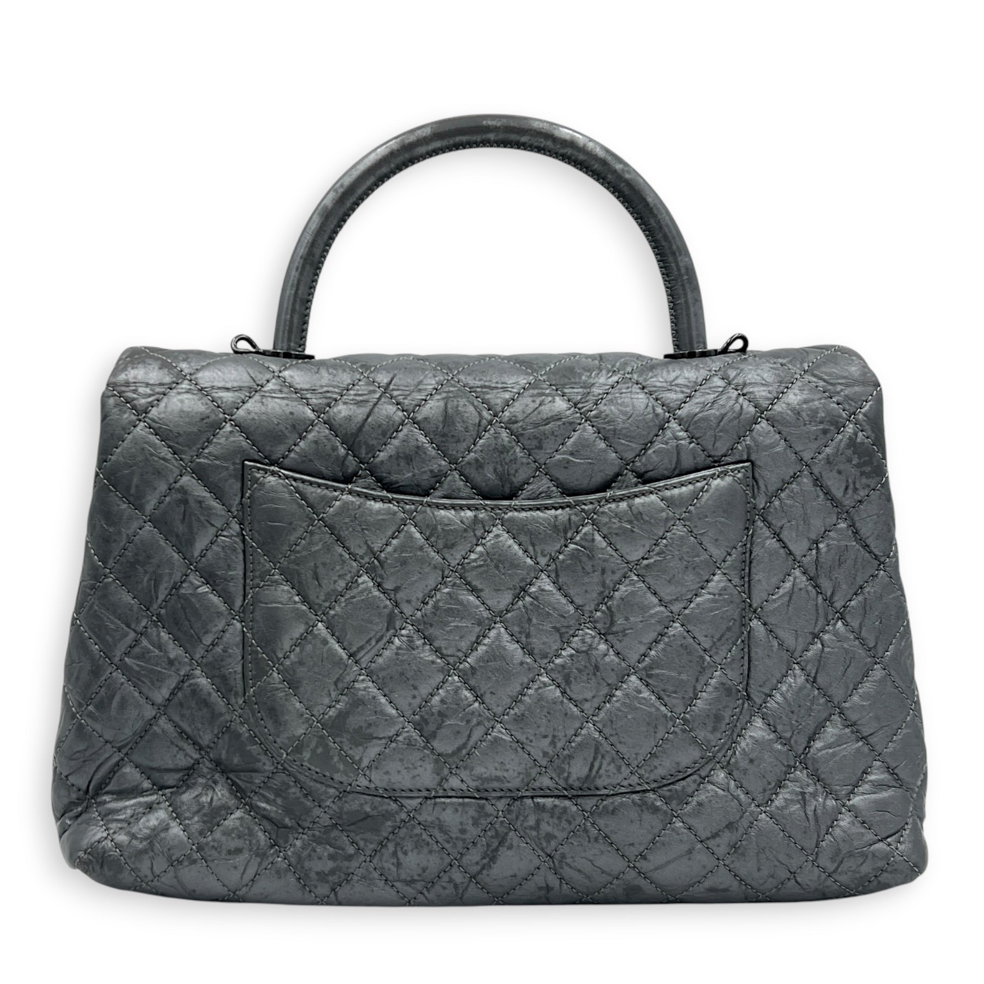 Coco Top Handle Bag Large Metallic Grey in Distressed Leather, Gunmetal hardware