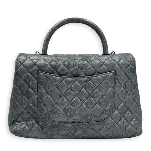Coco Top Handle Bag Large Metallic Grey in Distressed Leather, Gunmetal hardware