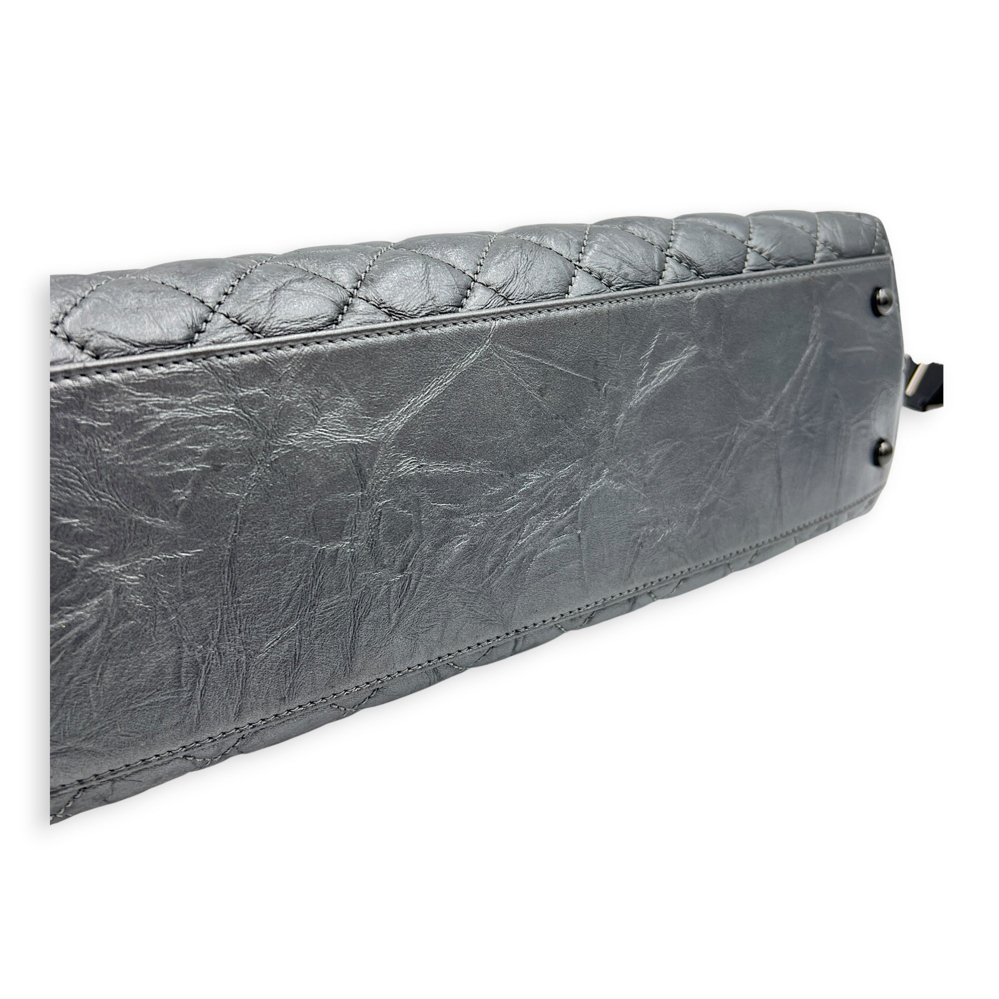 Coco Top Handle Bag Large Metallic Grey in Distressed Leather, Gunmetal hardware