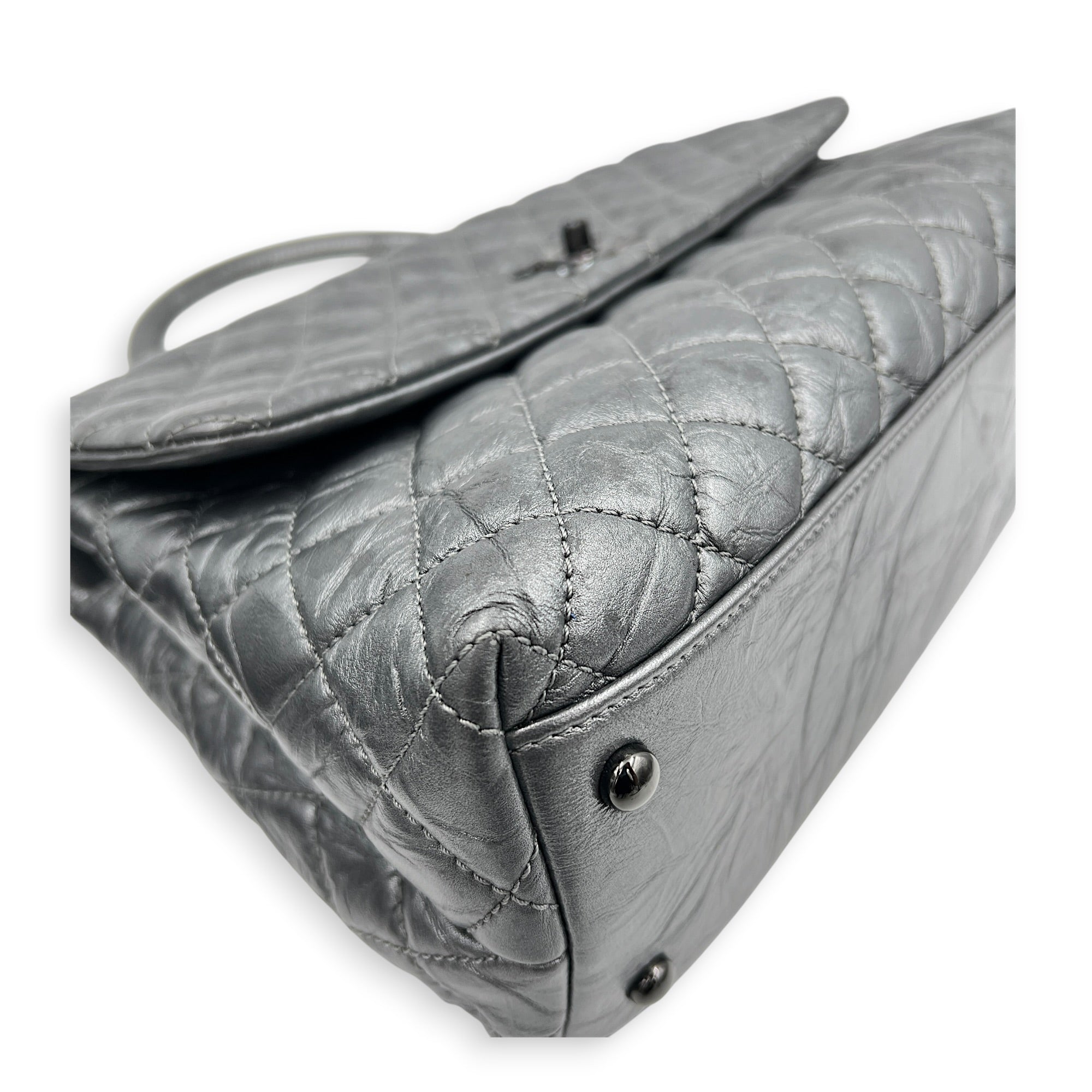 Coco Top Handle Bag Large Metallic Grey in Distressed Leather, Gunmetal hardware