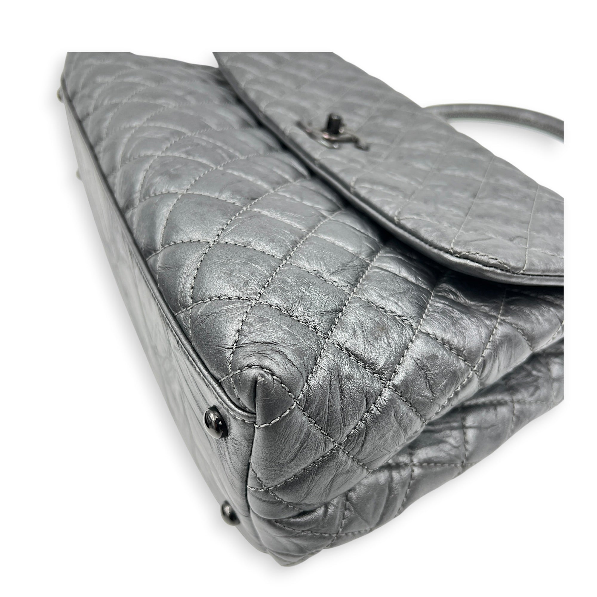 Coco Top Handle Bag Large Metallic Grey in Distressed Leather, Gunmetal hardware