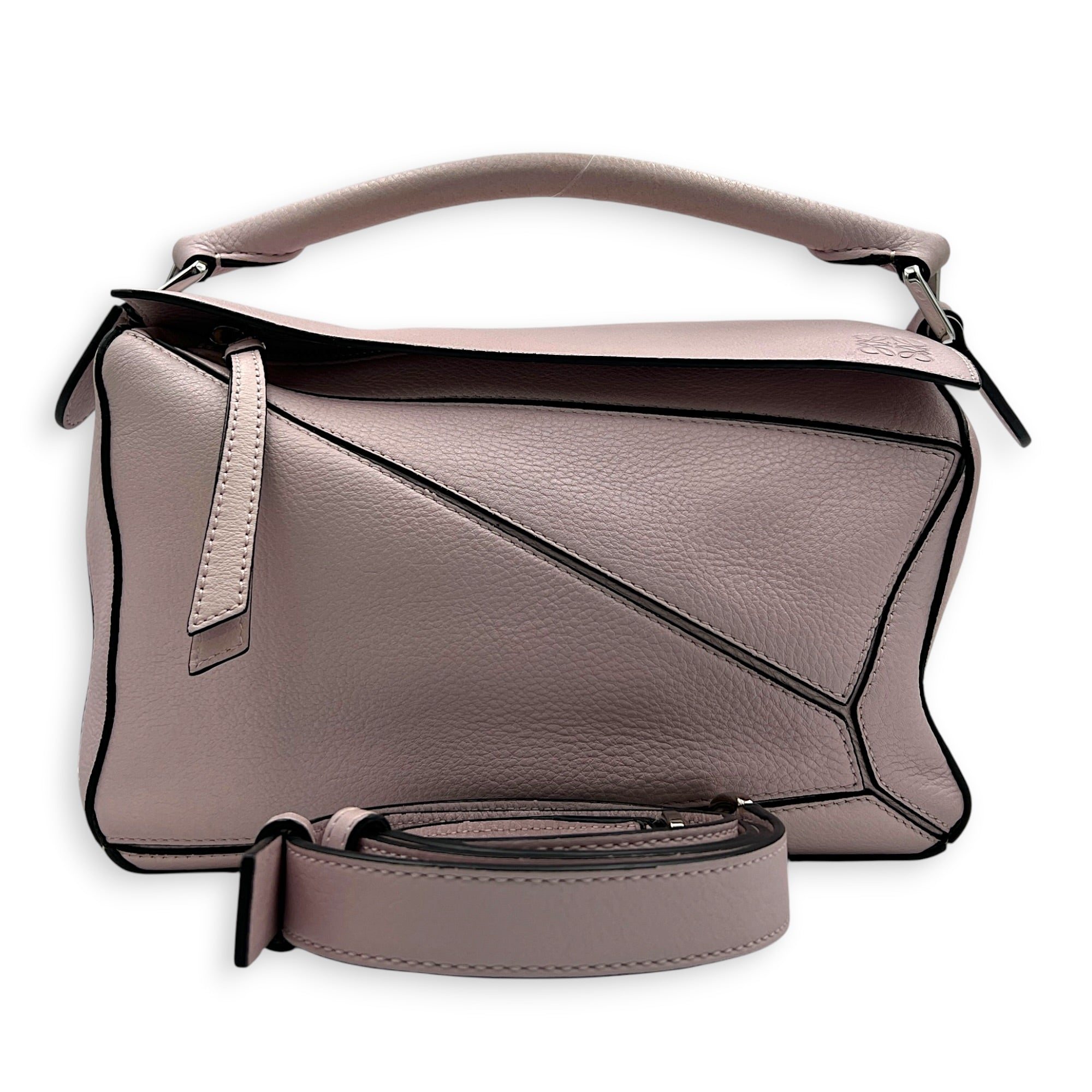 Puzzle Shoulder Bag Small Iridescent Pink in Calfskin, Silver hardware