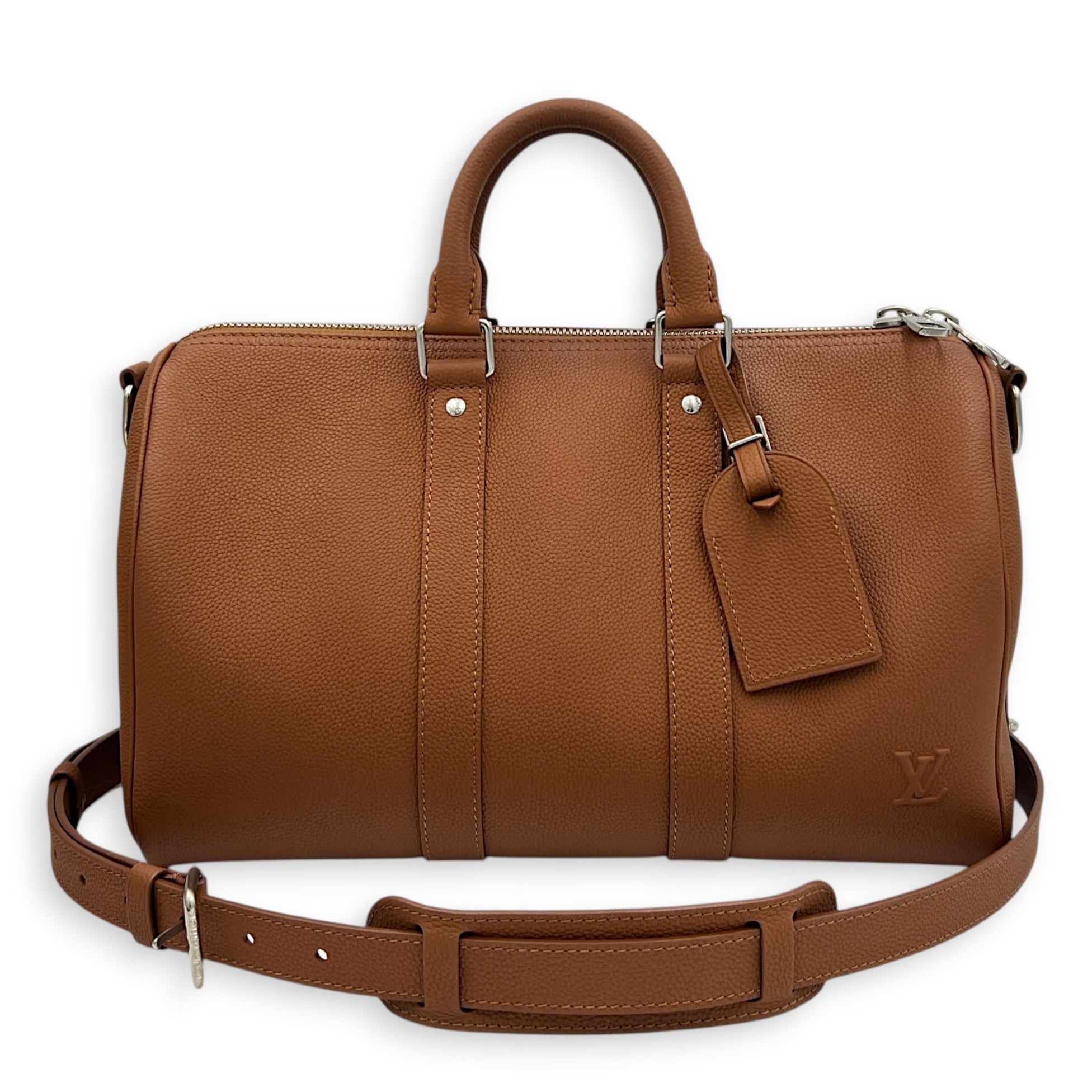 Keepall Top Handle Bag 35 Brown in Taurillon Leather, Silver hardware