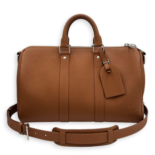 Keepall Top Handle Bag 35 Brown in Taurillon Leather, Silver hardware