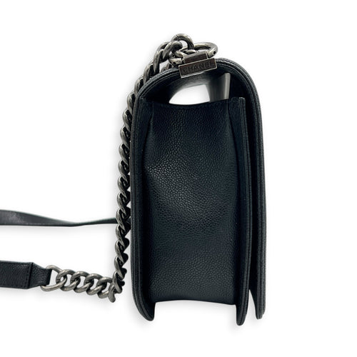 Boy Shoulder Bag Medium Black in Caviar Leather, Ruthenium hardware