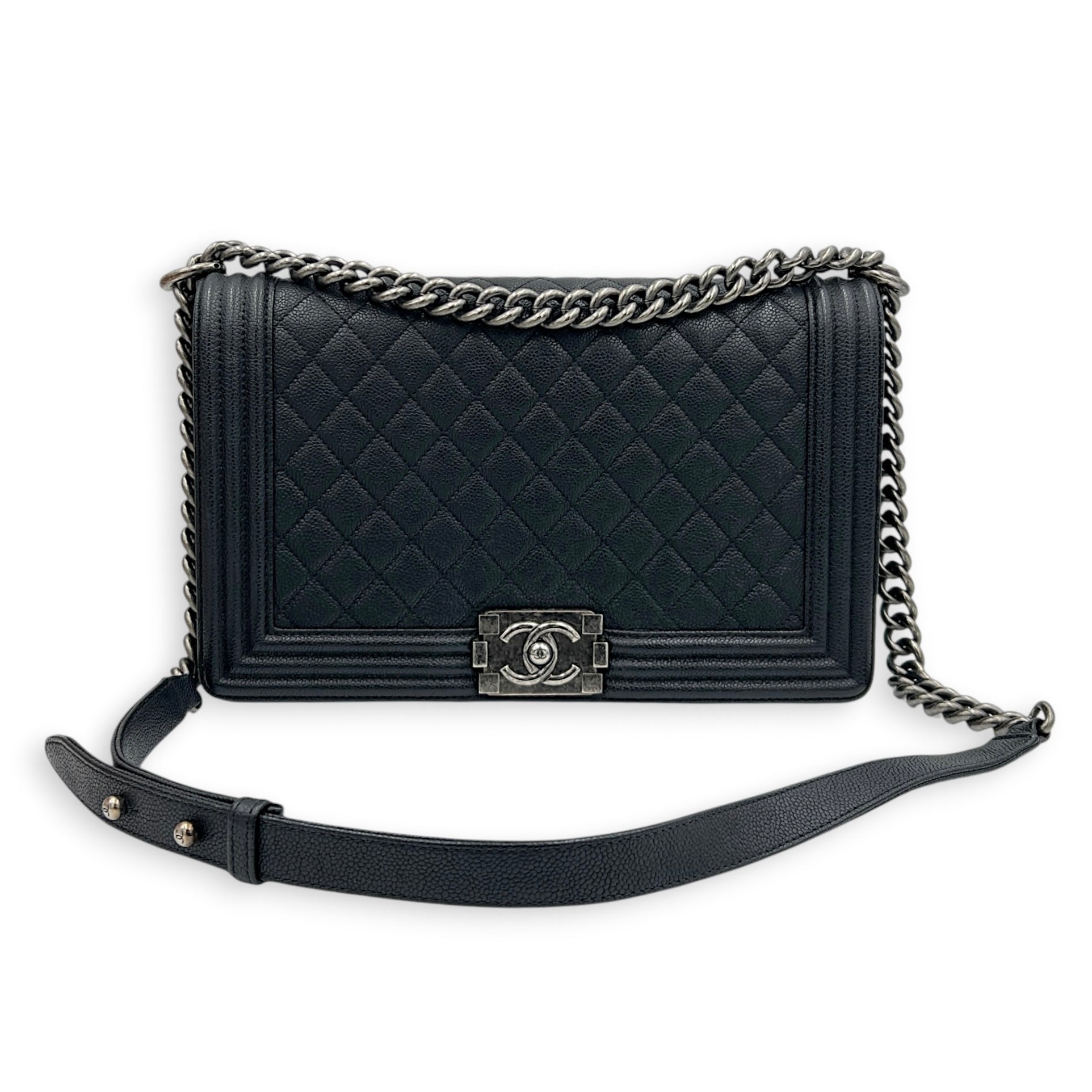 Boy Shoulder Bag Medium Black in Caviar Leather, Ruthenium hardware