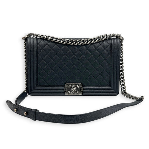 Boy Shoulder Bag Medium Black in Caviar Leather, Ruthenium hardware