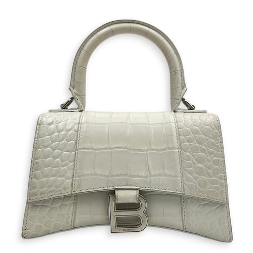 Hourglass Top Handle Bag XS White/Off-White in Crocodile Embossed Calfskin, Silver hardware