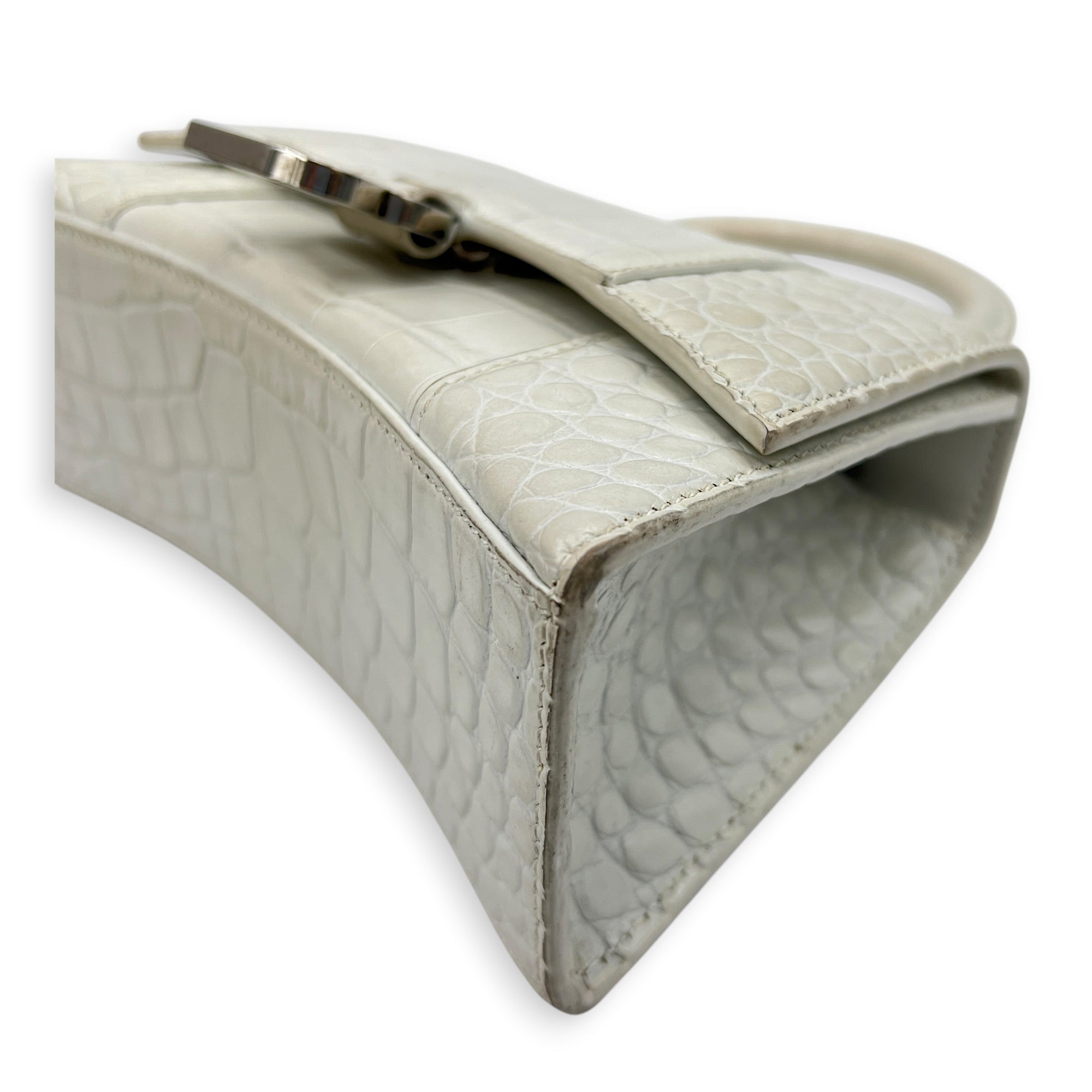 Hourglass Top Handle Bag XS White/Off-White in Crocodile Embossed Calfskin, Silver hardware