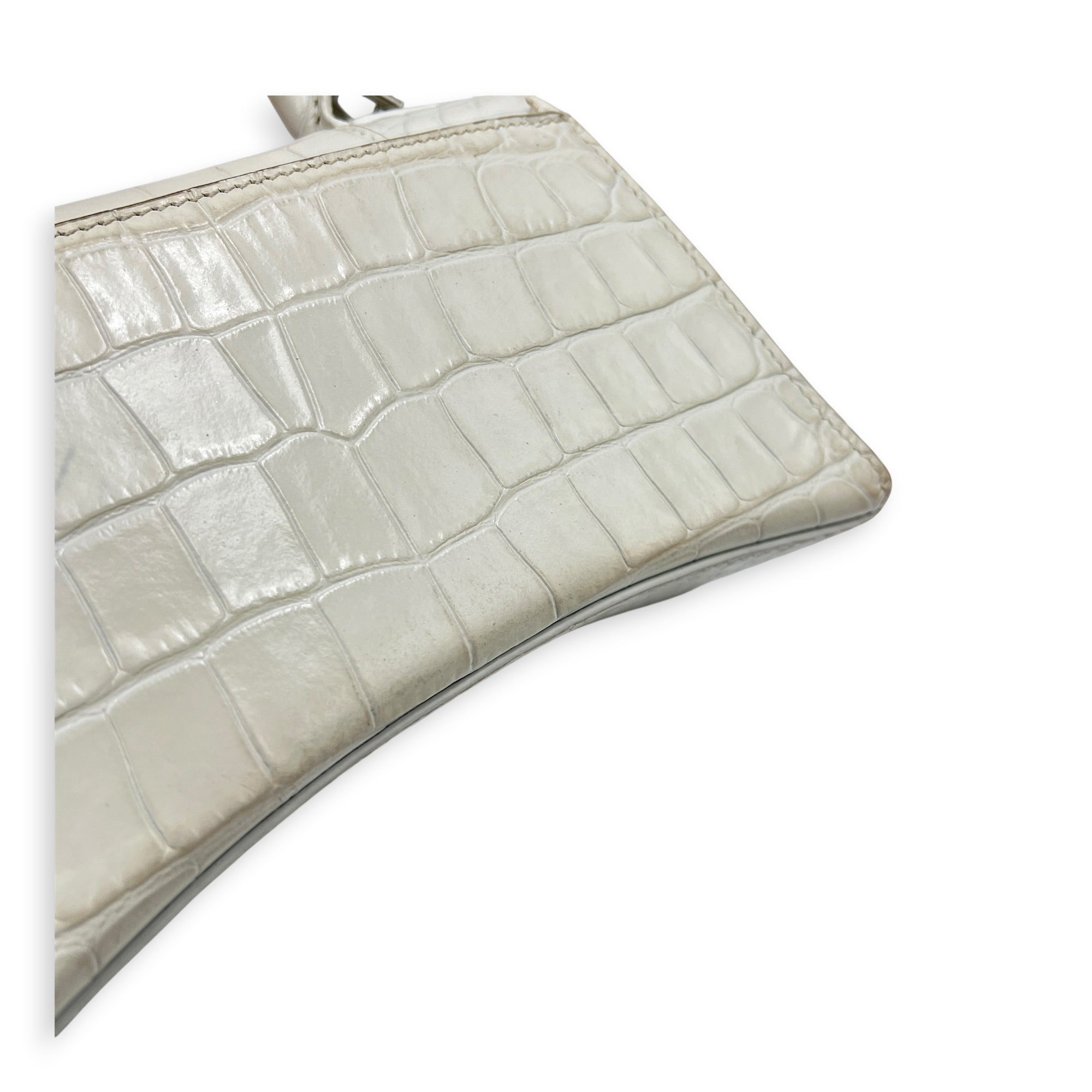 Hourglass Top Handle Bag XS White/Off-White in Crocodile Embossed Calfskin, Silver hardware