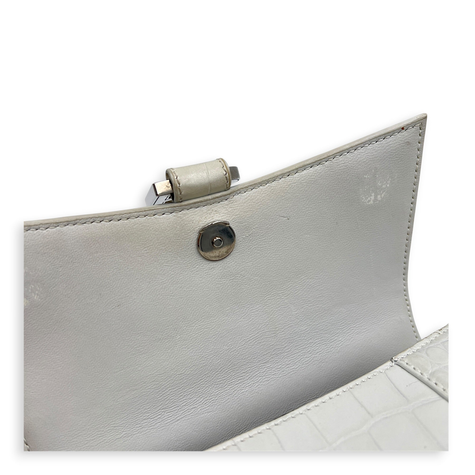 Hourglass Top Handle Bag XS White/Off-White in Crocodile Embossed Calfskin, Silver hardware