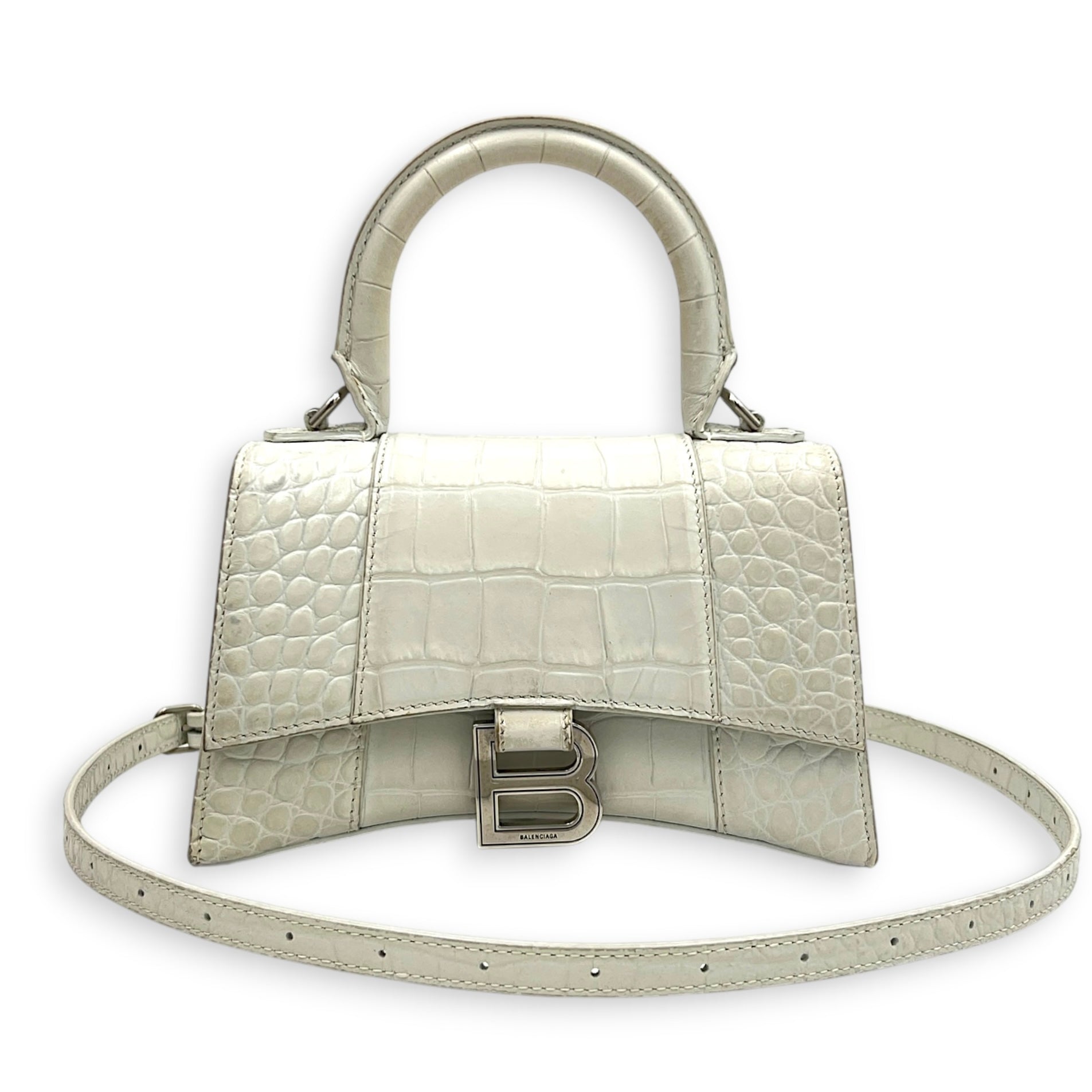 Hourglass Top Handle Bag XS White/Off-White in Crocodile Embossed Calfskin, Silver hardware