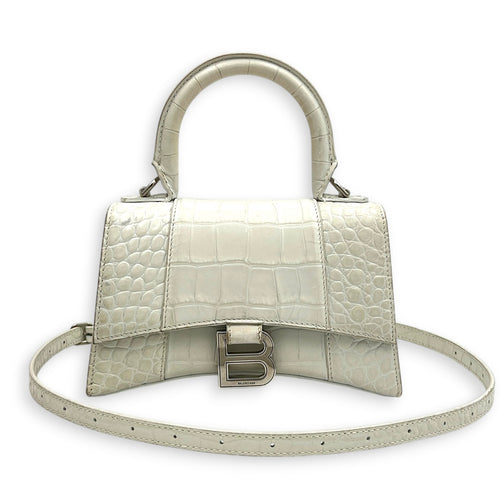 Hourglass Top Handle Bag XS White/Off-White in Crocodile Embossed Calfskin, Silver hardware
