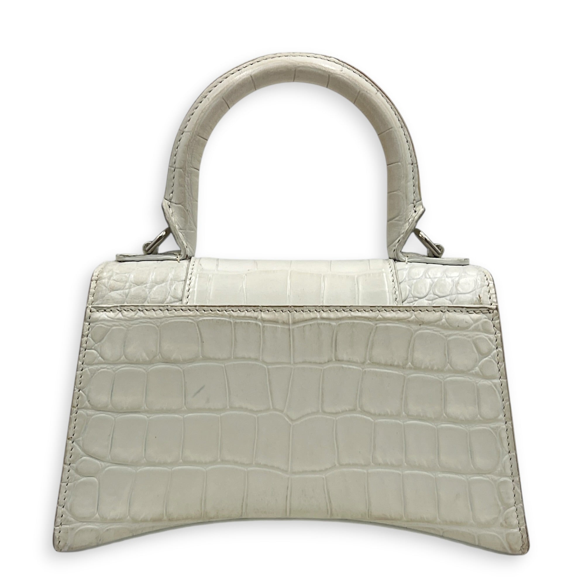 Hourglass Top Handle Bag XS White/Off-White in Crocodile Embossed Calfskin, Silver hardware