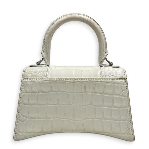 Hourglass Top Handle Bag XS White/Off-White in Crocodile Embossed Calfskin, Silver hardware