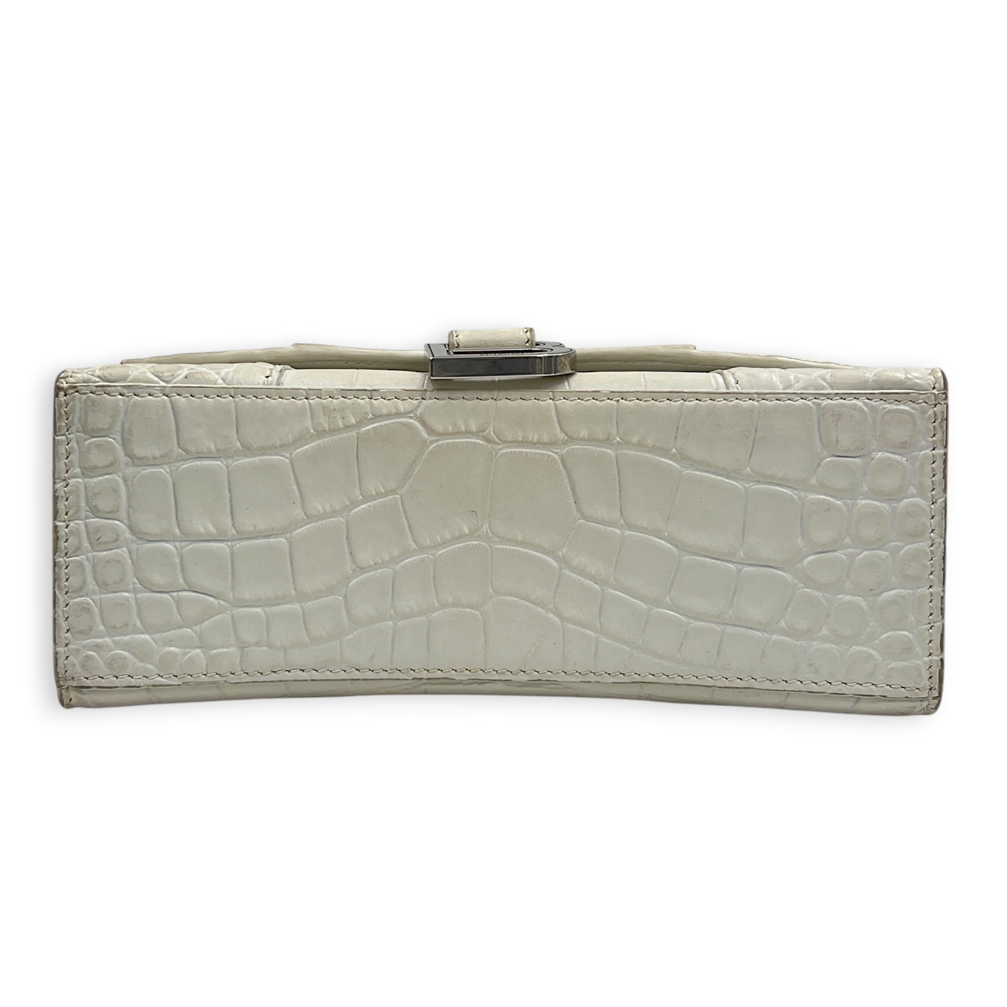Hourglass Top Handle Bag XS White/Off-White in Crocodile Embossed Calfskin, Silver hardware