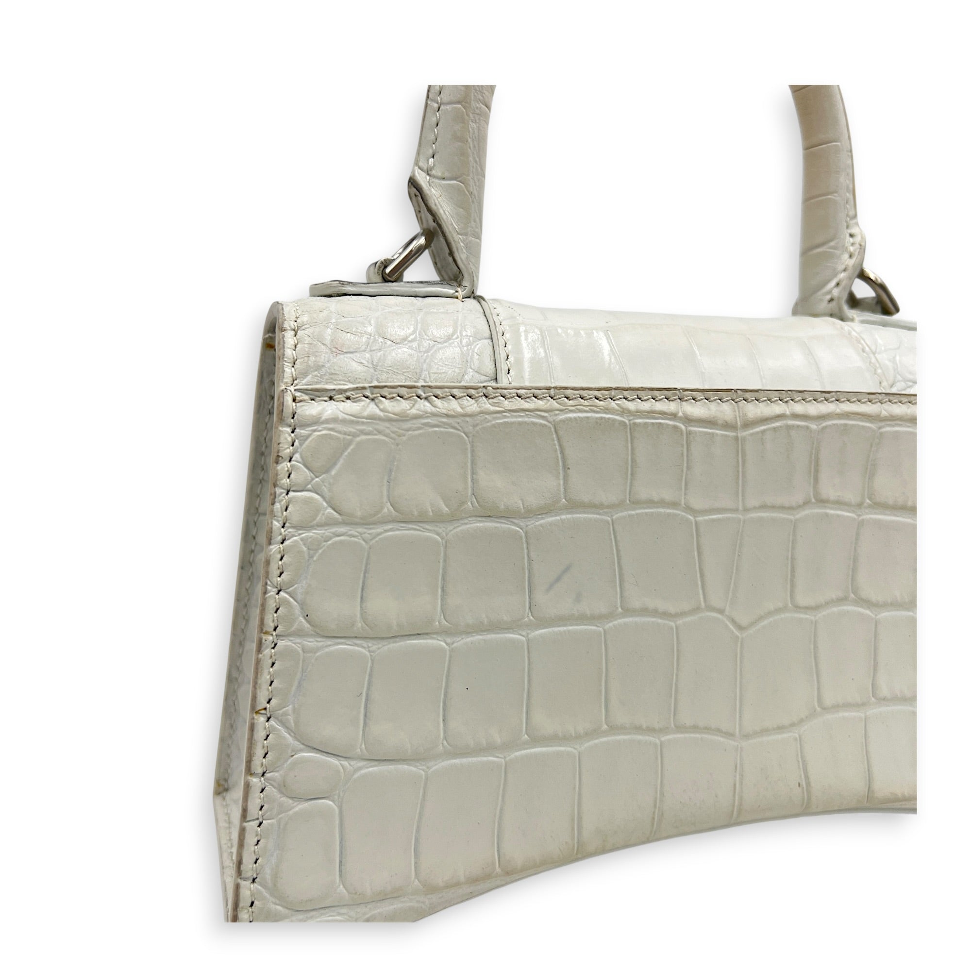 Hourglass Top Handle Bag XS White/Off-White in Crocodile Embossed Calfskin, Silver hardware