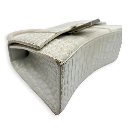 Hourglass Top Handle Bag XS White/Off-White in Crocodile Embossed Calfskin, Silver hardware