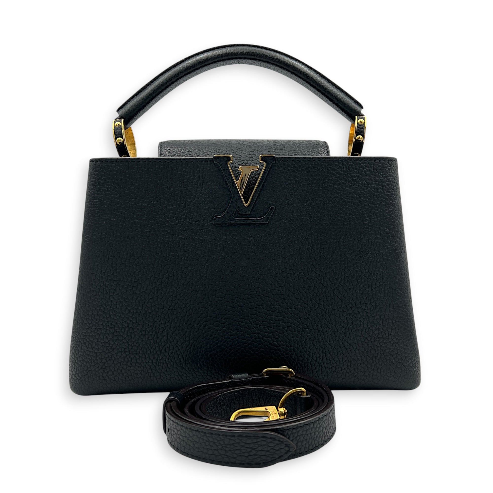 Capucines BB Black Top Handle Bag in Taurillon Leather, Gold hardware