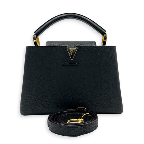 Capucines BB Black Top Handle Bag in Taurillon Leather, Gold hardware
