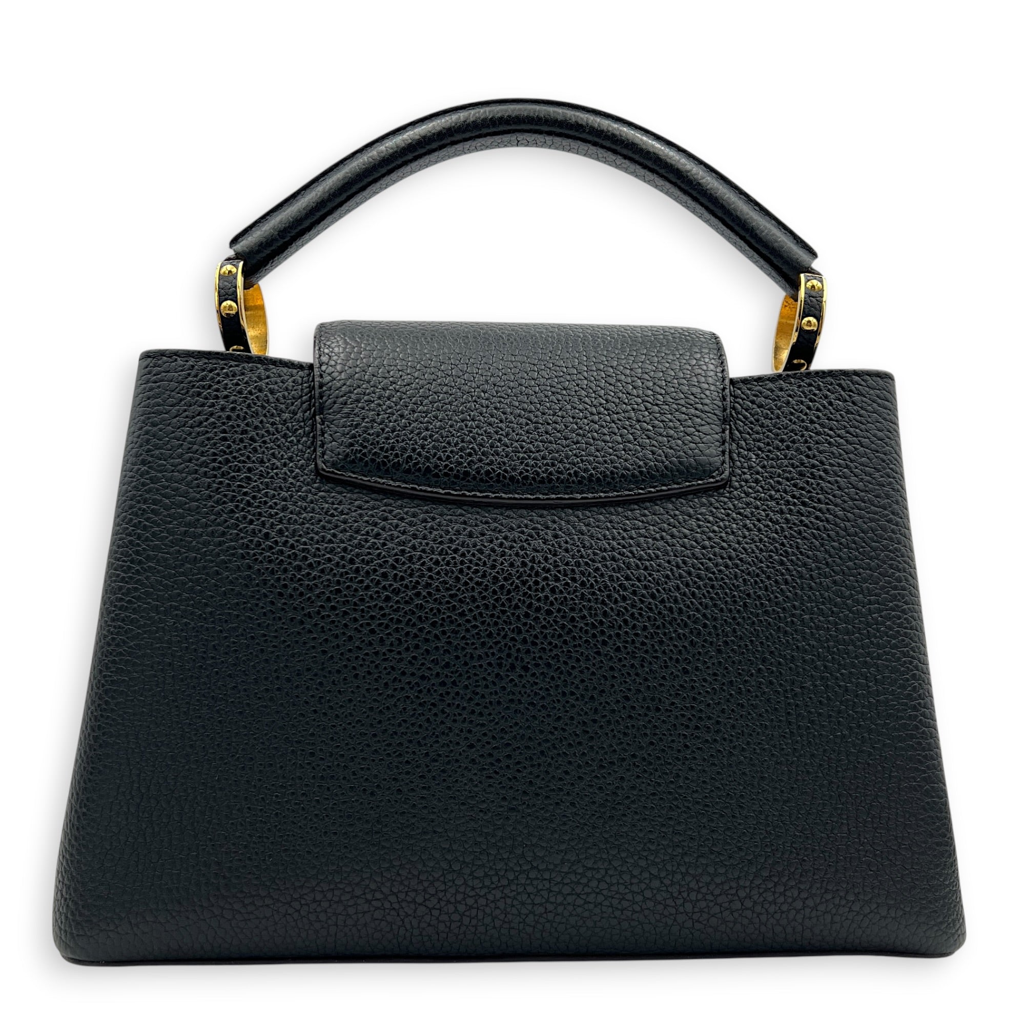 Capucines BB Black Top Handle Bag in Taurillon Leather, Gold hardware