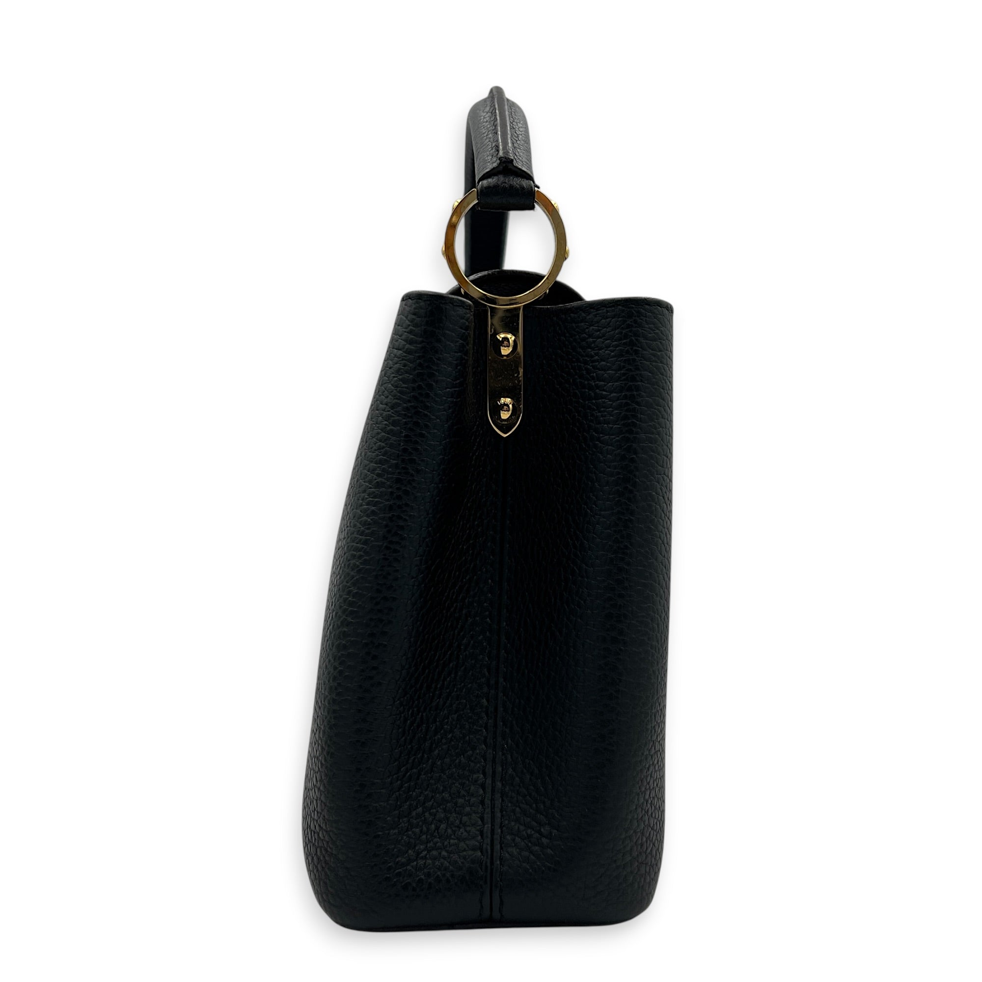 Capucines BB Black Top Handle Bag in Taurillon Leather, Gold hardware