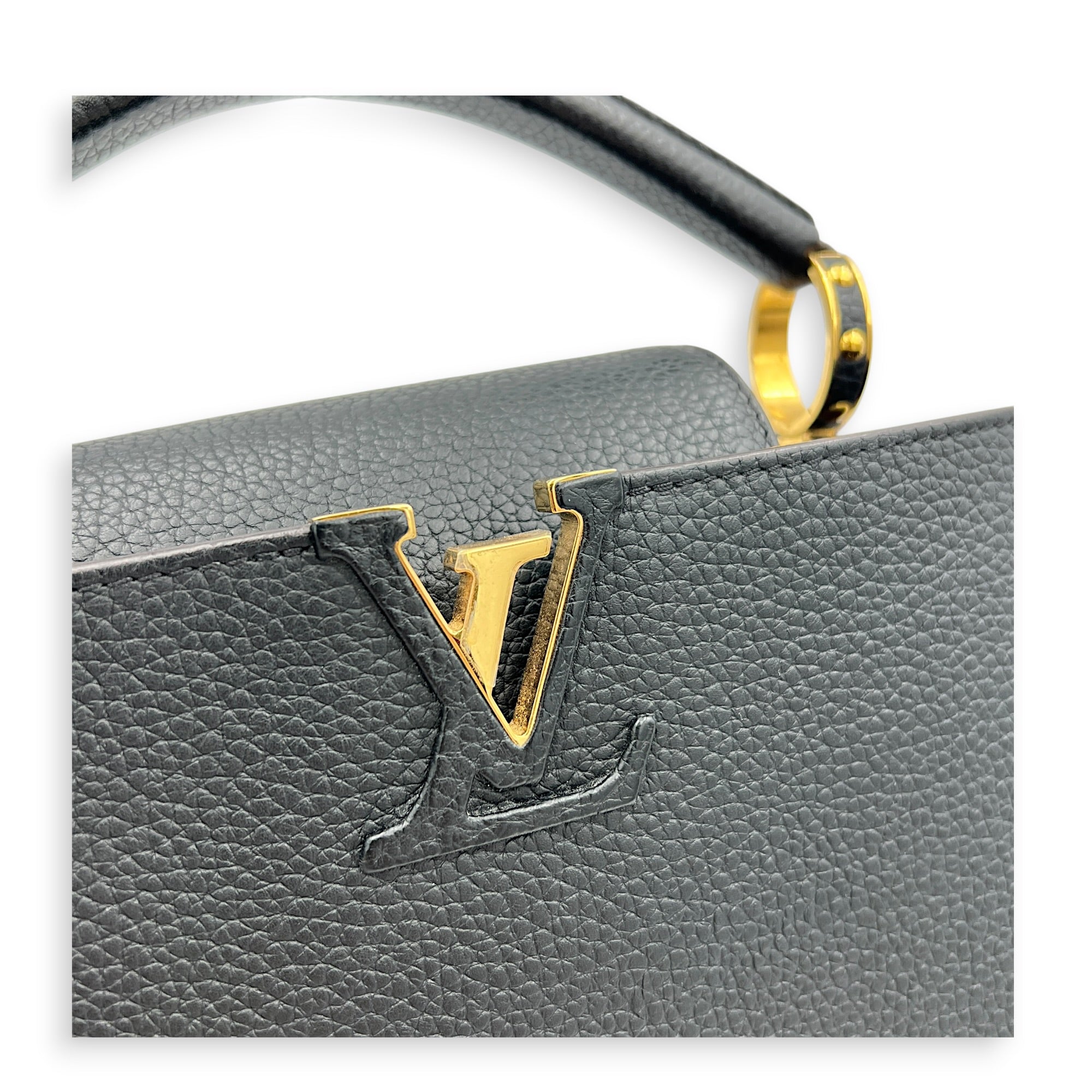 Capucines BB Black Top Handle Bag in Taurillon Leather, Gold hardware