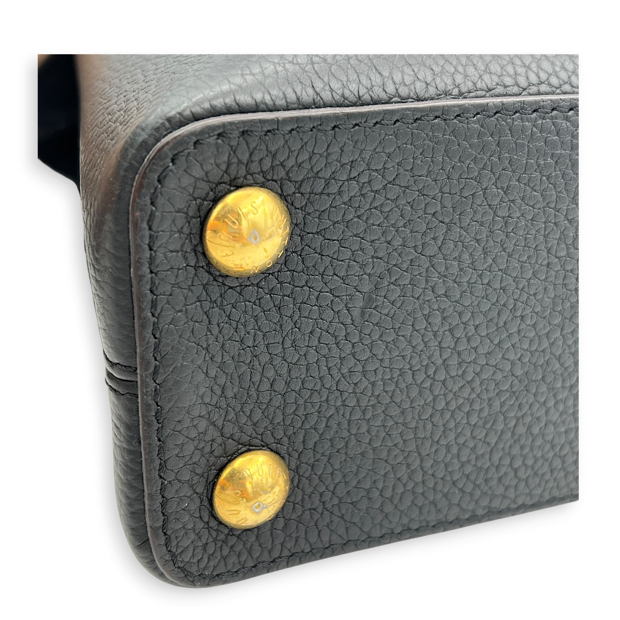 Capucines BB Black Top Handle Bag in Taurillon Leather, Gold hardware