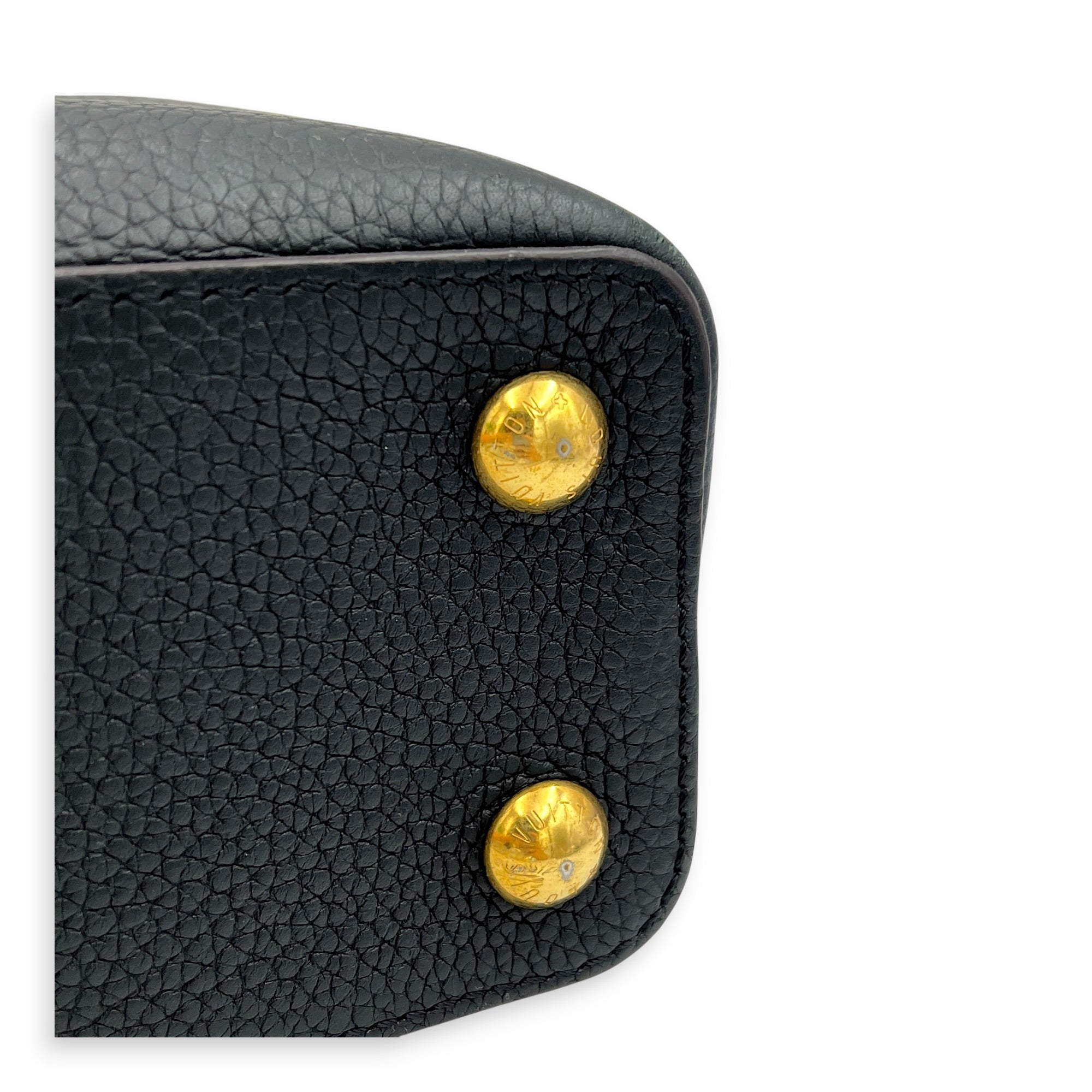 Capucines BB Black Top Handle Bag in Taurillon Leather, Gold hardware