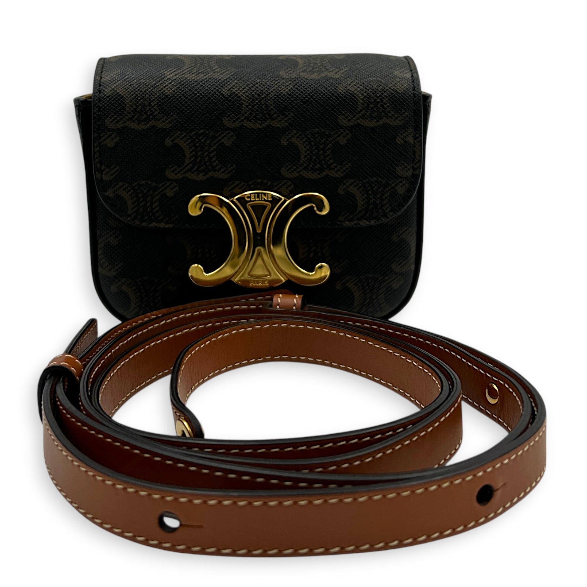 Triomphe Crossbody Bag Small Brown in Coated Canvas, Gold hardware