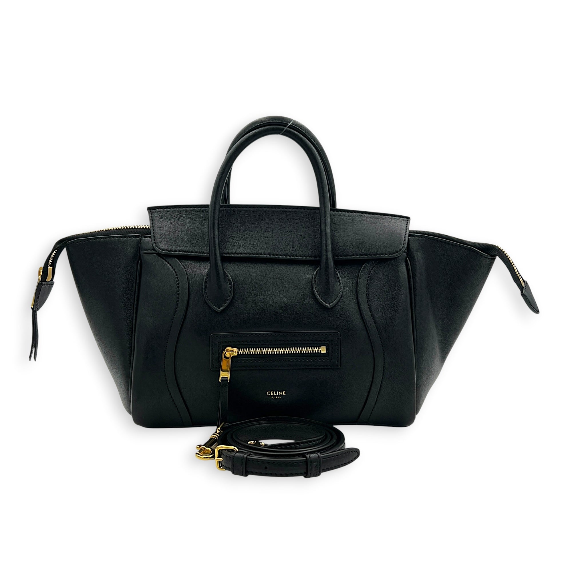 Little Luggage Black Top Handle Bag in Shiny Lambskin, Gold hardware