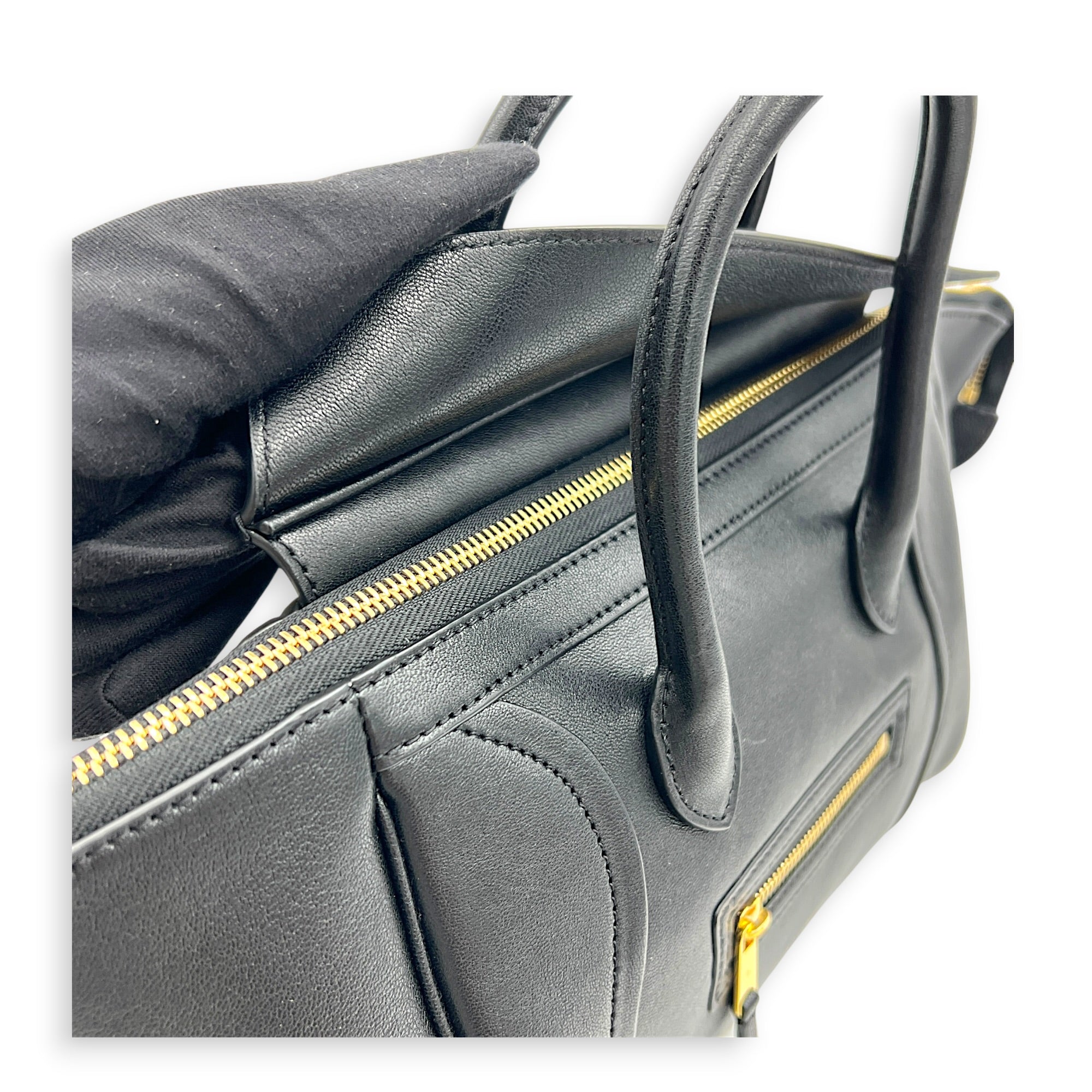Little Luggage Black Top Handle Bag in Shiny Lambskin, Gold hardware