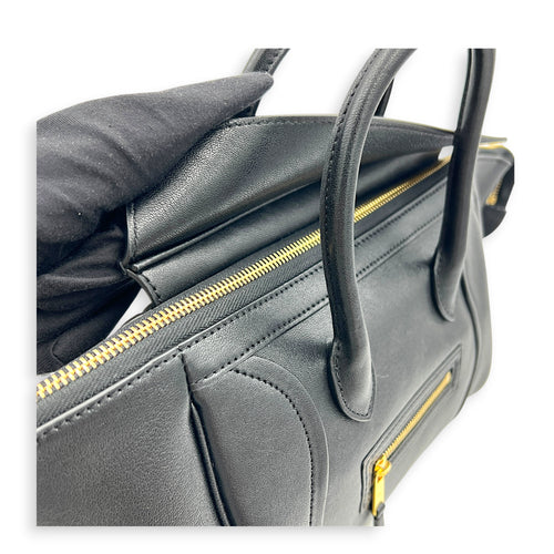 Little Luggage Black Top Handle Bag in Shiny Lambskin, Gold hardware