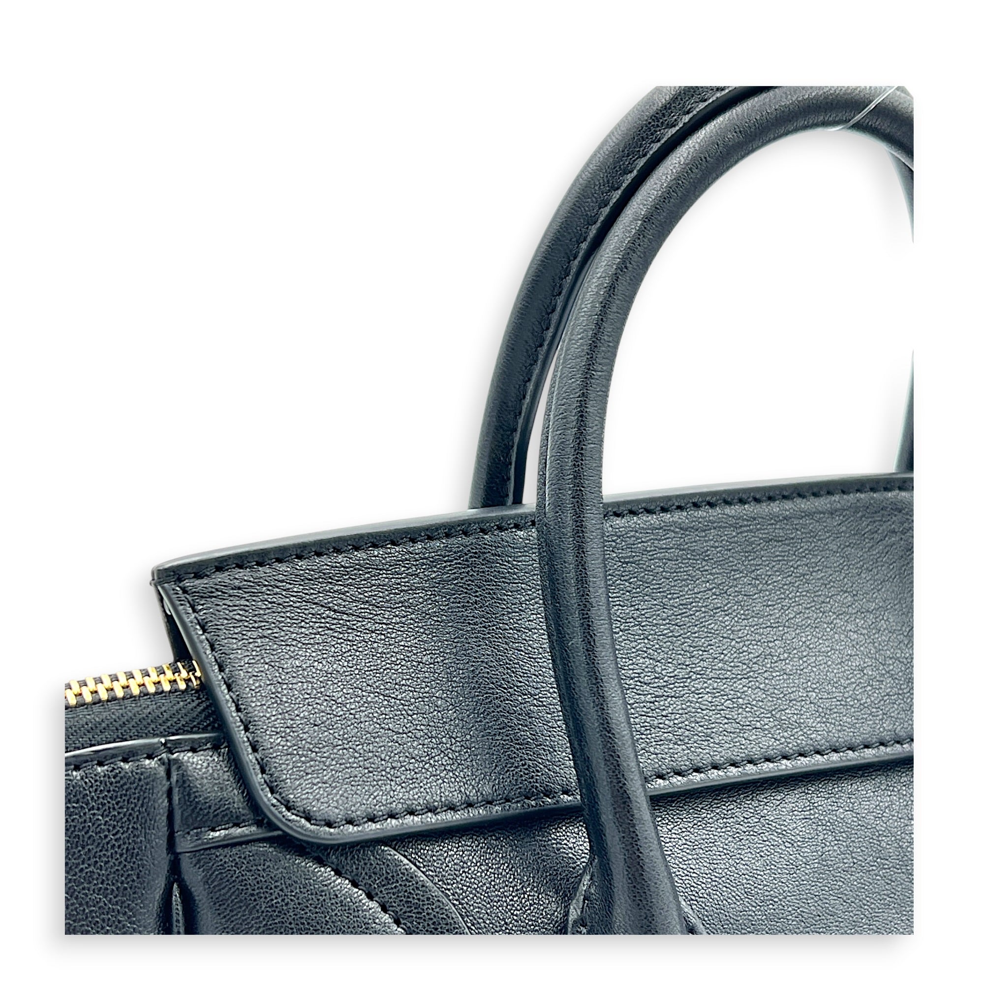 Little Luggage Black Top Handle Bag in Shiny Lambskin, Gold hardware