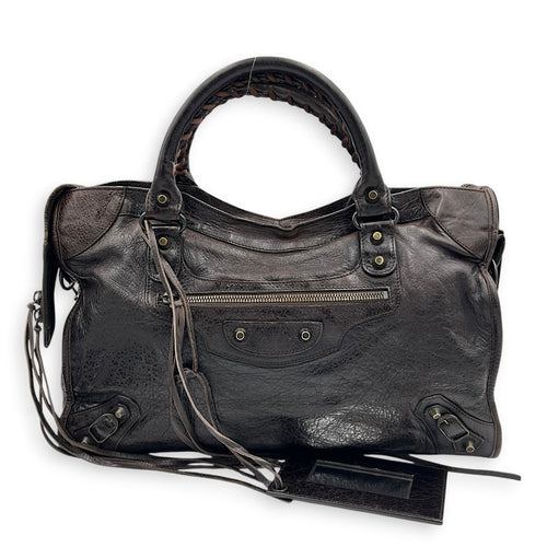City Medium Brown Shoulder Bag in Lambskin, Ruthenium hardware