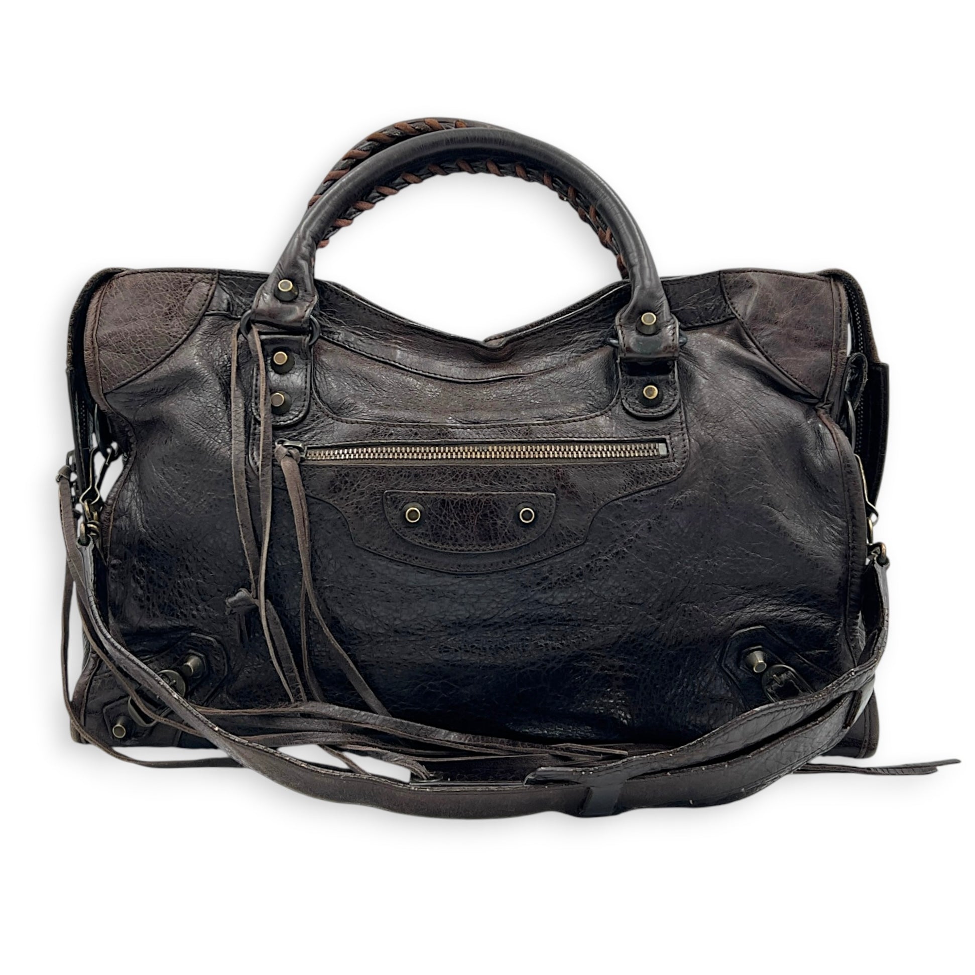 City Medium Brown Shoulder Bag in Lambskin, Ruthenium hardware