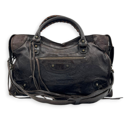 City Medium Brown Shoulder Bag in Lambskin, Ruthenium hardware