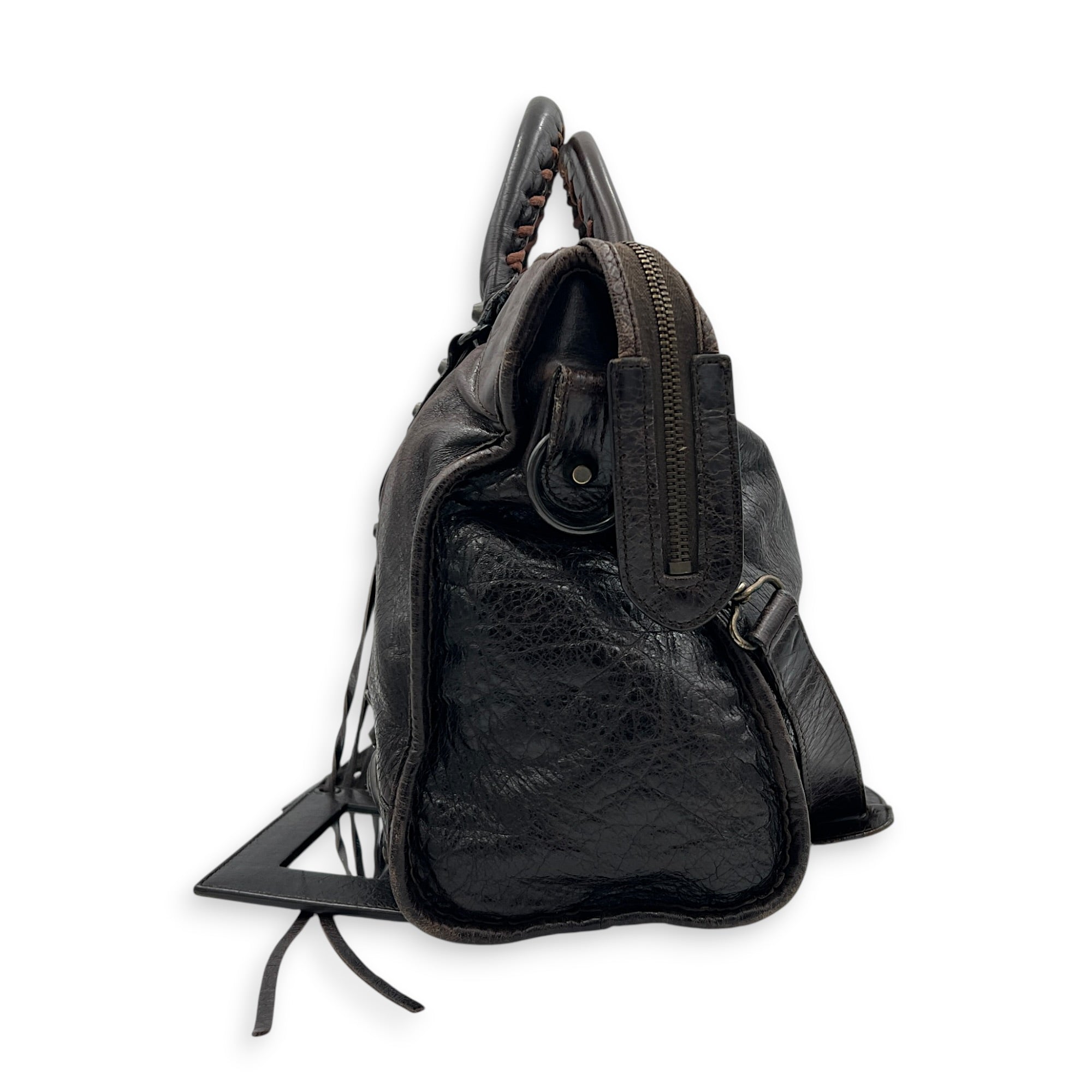 City Medium Brown Shoulder Bag in Lambskin, Ruthenium hardware