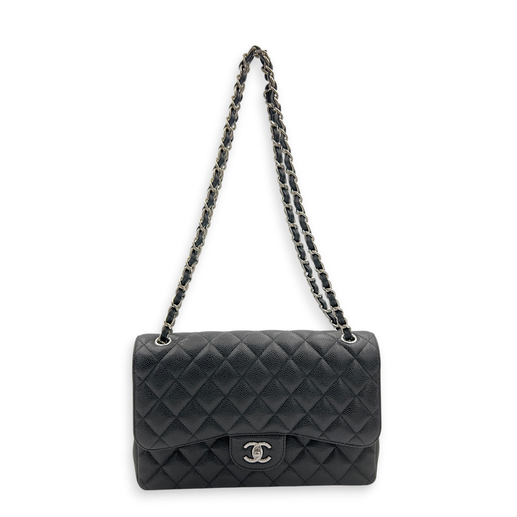 Classic Double Flap Jumbo Black Shoulder Bag in Caviar Leather, Silver hardware