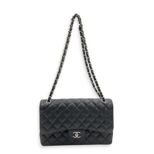 Classic Double Flap Jumbo Black Shoulder Bag in Caviar Leather, Silver hardware