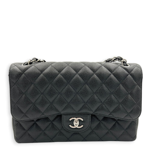 Classic Double Flap Jumbo Black Shoulder Bag in Caviar Leather, Silver hardware